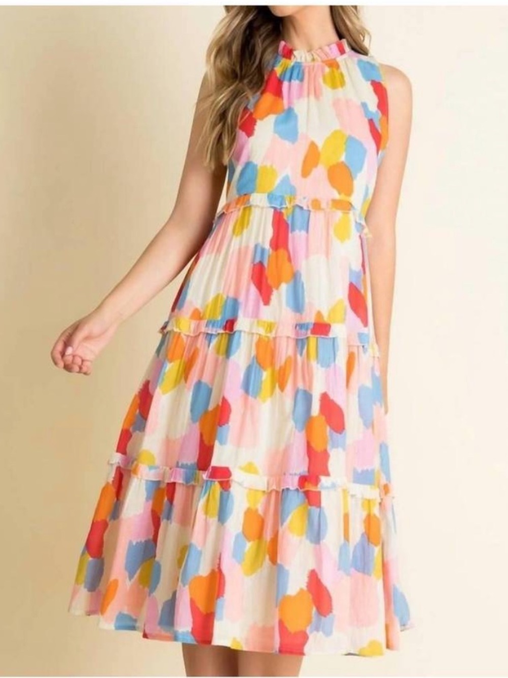 THML Fiona Multicolor Spot Tiered Midi Dress Sz S Sleeveless Cotton Ruffles
